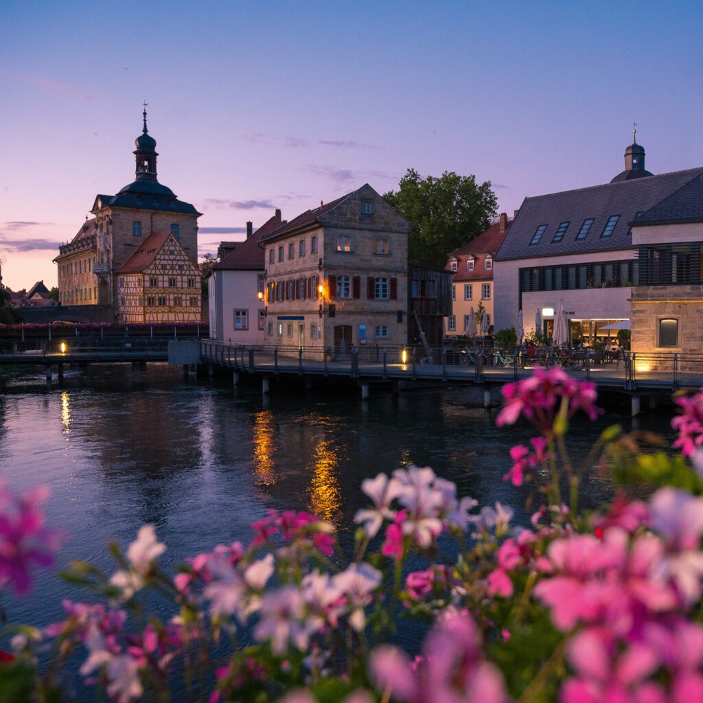 Blumen am Ufer der Regnitz mit Blick auf das Alte Rathaus Bamberg bei Nacht
