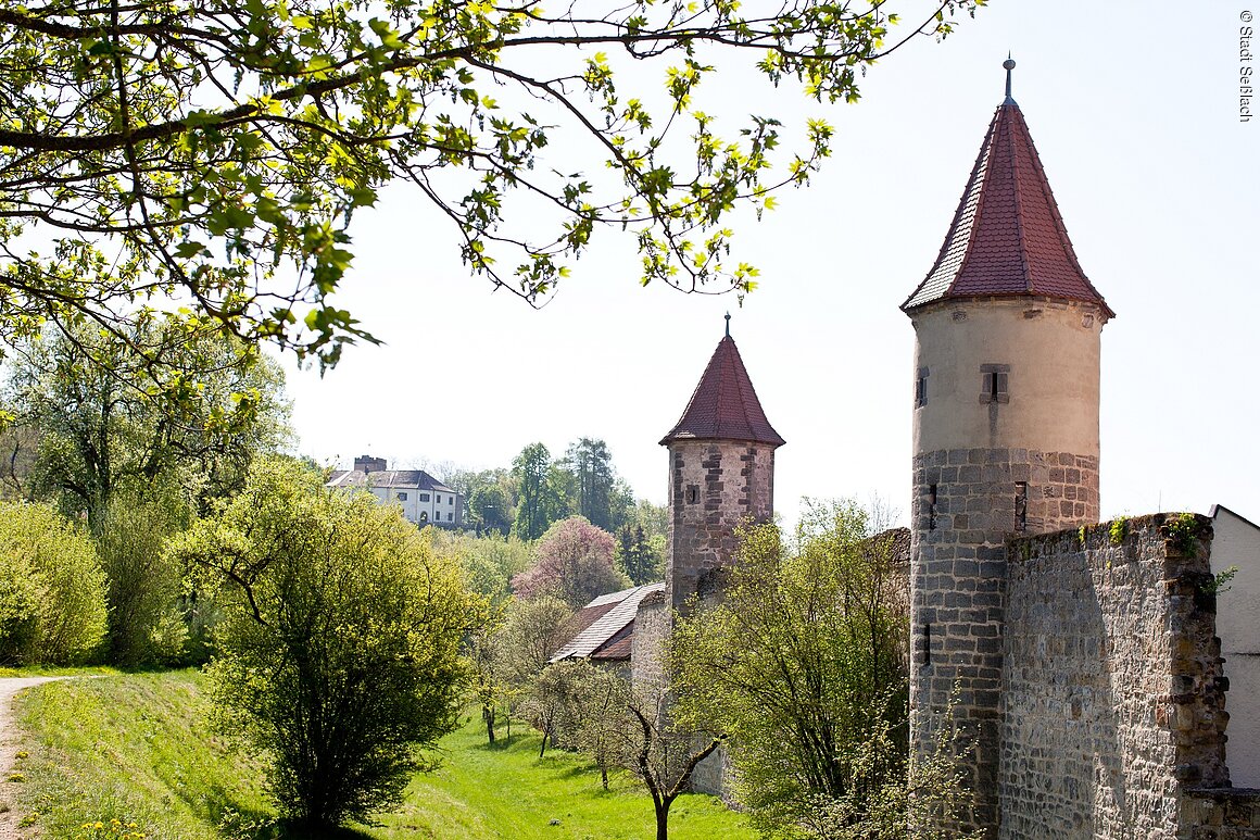 Stadtmauer mit Blick auf Schloss Geyersberg (Seßlach, Coburg.Rennsteig)