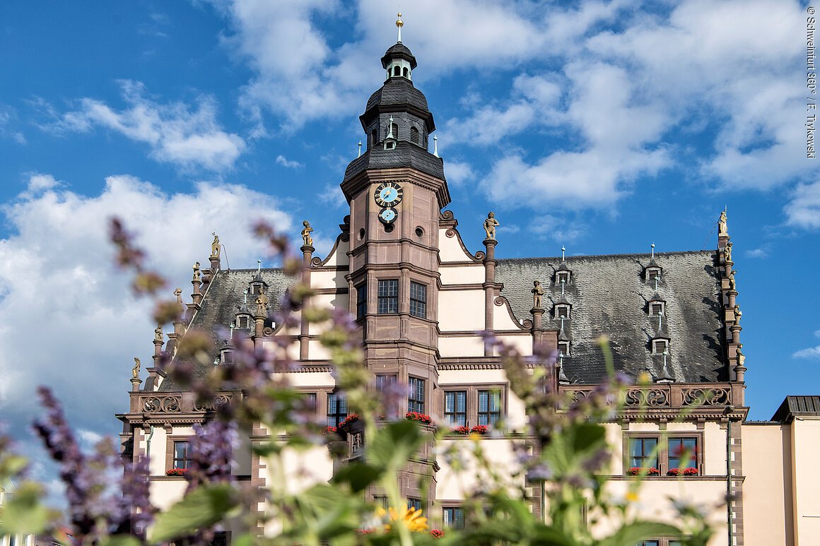 Prächtiges Rathaus mit dunkel gedecktem Dach und Turm, davor Blumen
