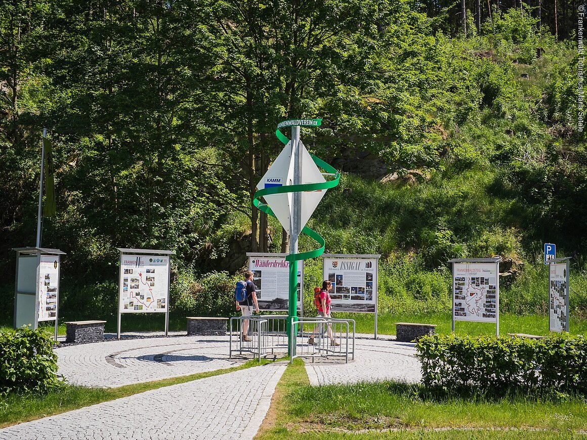 Das Bild zeigt das Drehkreuz des Wanderns. An dem Drehkreuz stehen Menschen.
