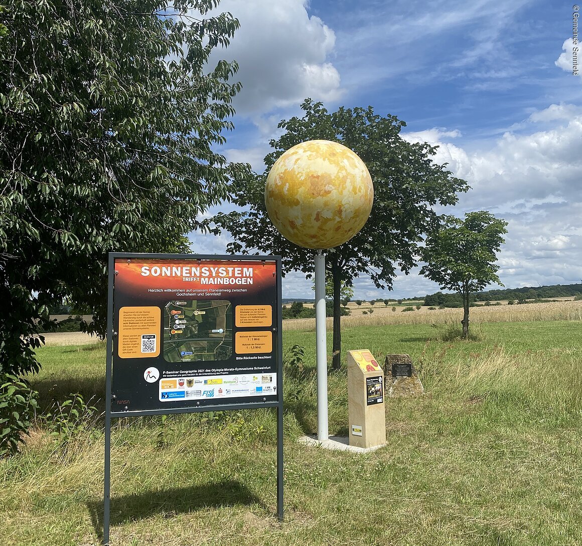 Schild mit der Aufschrift "Sonnensystem trifft Mainbogen" und Modell eines Planeten auf einer Wiese.