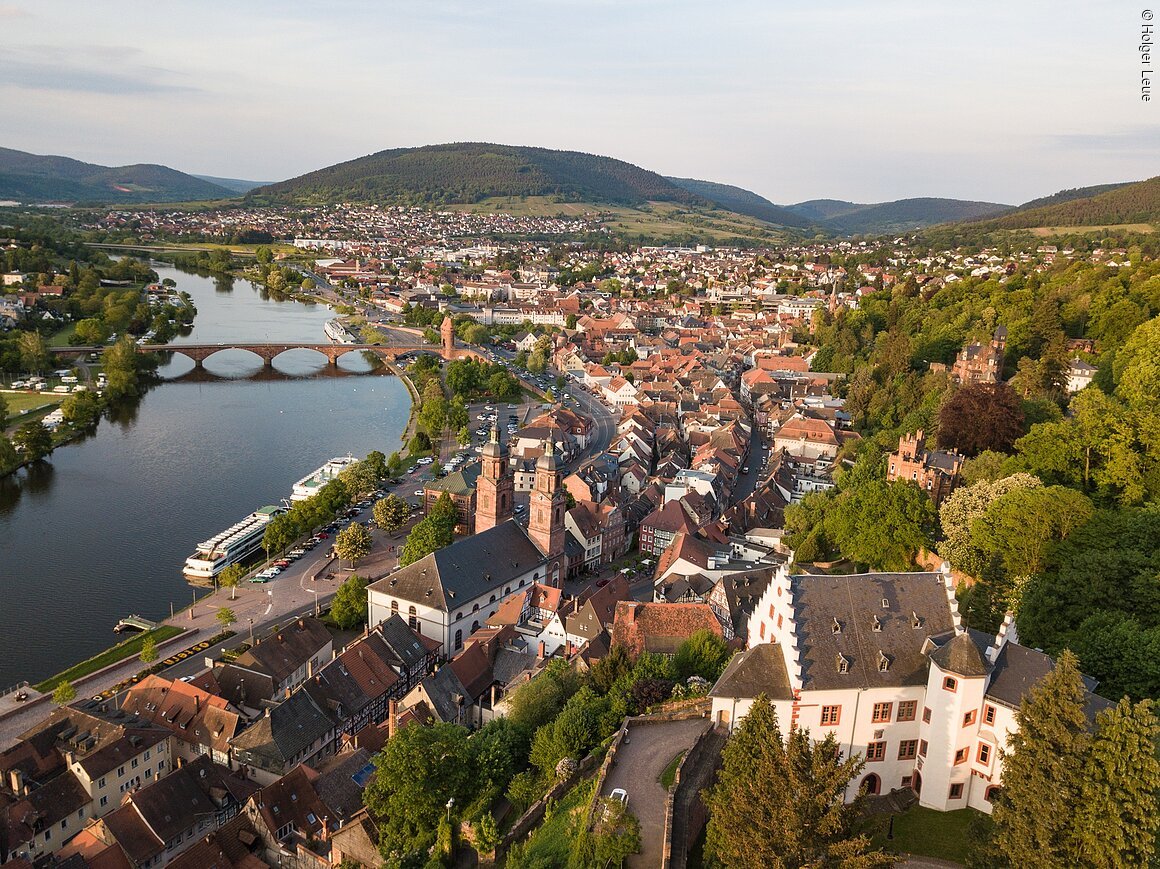 Stadtansicht (Miltenberg, Spessart-Mainland) Luftaufnahme einer Stadt mit Fluss, Brücke, Kirche und umliegenden Hügeln.
