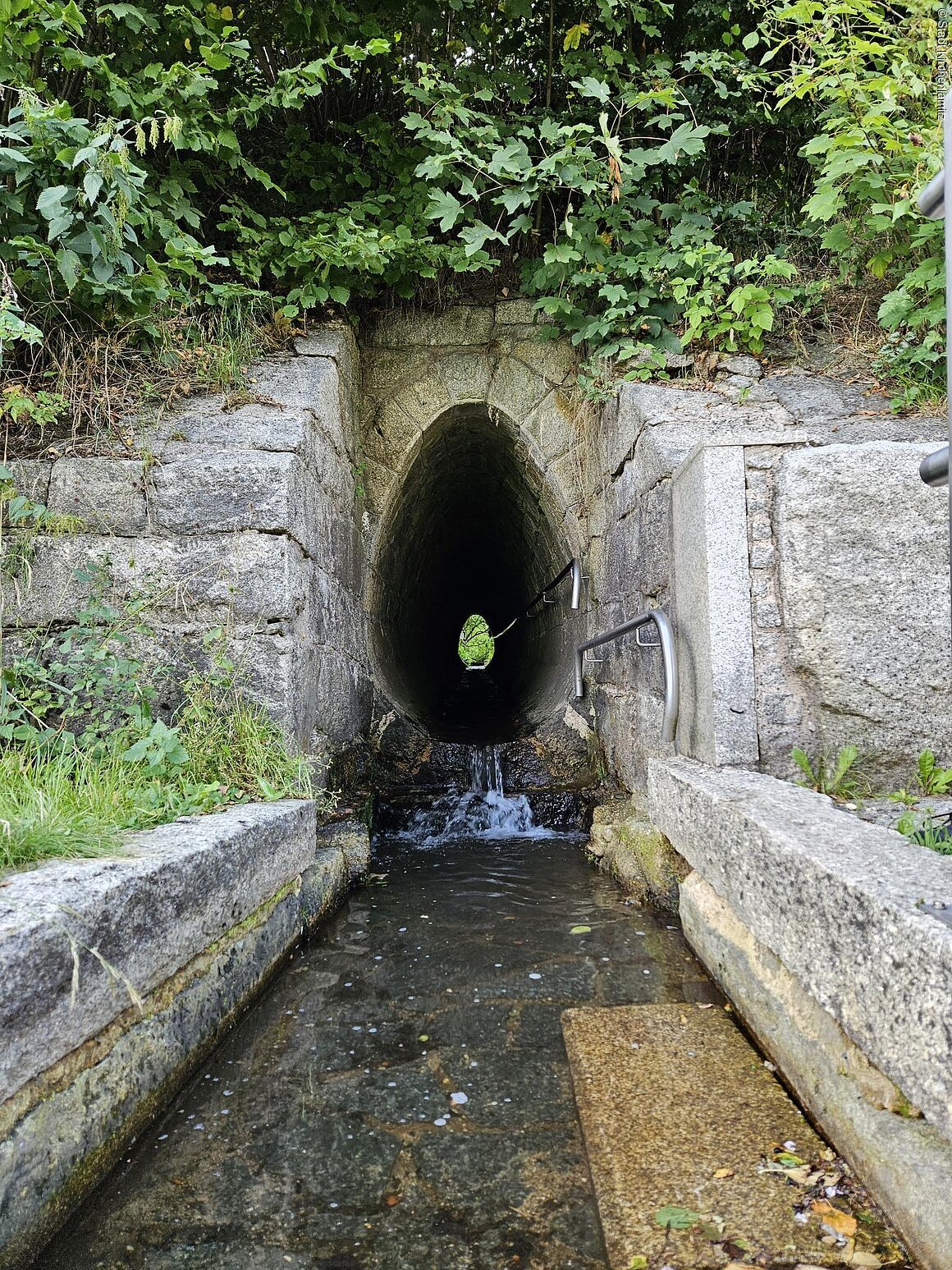Kneipp-Oase am Bongosisstollen (Kirchenlamitz, Fichtelgebirge) Steinerner Tunnel mit fließendem Wasser, umgeben von grüner Vegetation.
