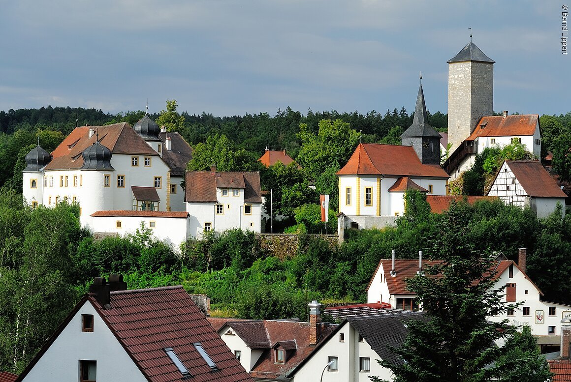 Blick auf ein Dorf mit historischen Gebäuden, Kirche und Turm vor bewaldetem Hintergrund unter bewölktem Himmel.