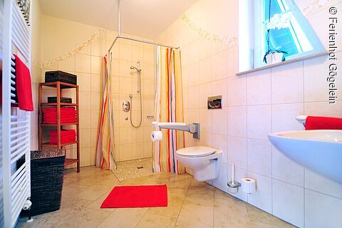 Barrierefreies Badezimmer mit bodengleicher Dusche, Haltegriff an der Toilette und roten Handtüchern.