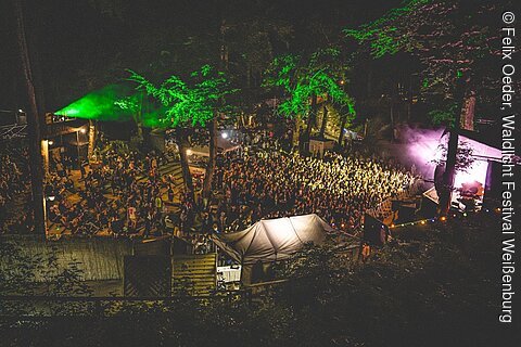 Nachtaufnahme eines Open-Air-Konzerts mit Bühne, Publikum und grüner sowie violetter Bühnenbeleuchtung im Wald.