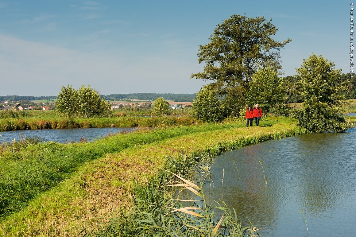 Zwei Personen in roten Jacken gehen auf einem schmalen Grasweg zwischen Wasserflächen und Bäumen.