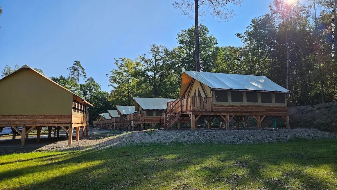Reihe von erhöhten Holzhütten mit weißen Dächern im Wald bei Sonnenschein und blauem Himmel.