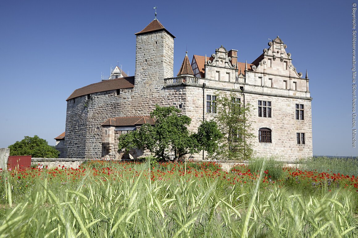Cadolzburg bei Fürth (Nürnberg), Blick von Süden auf die Hauptburg und Burggarten mit blühendem Mohn