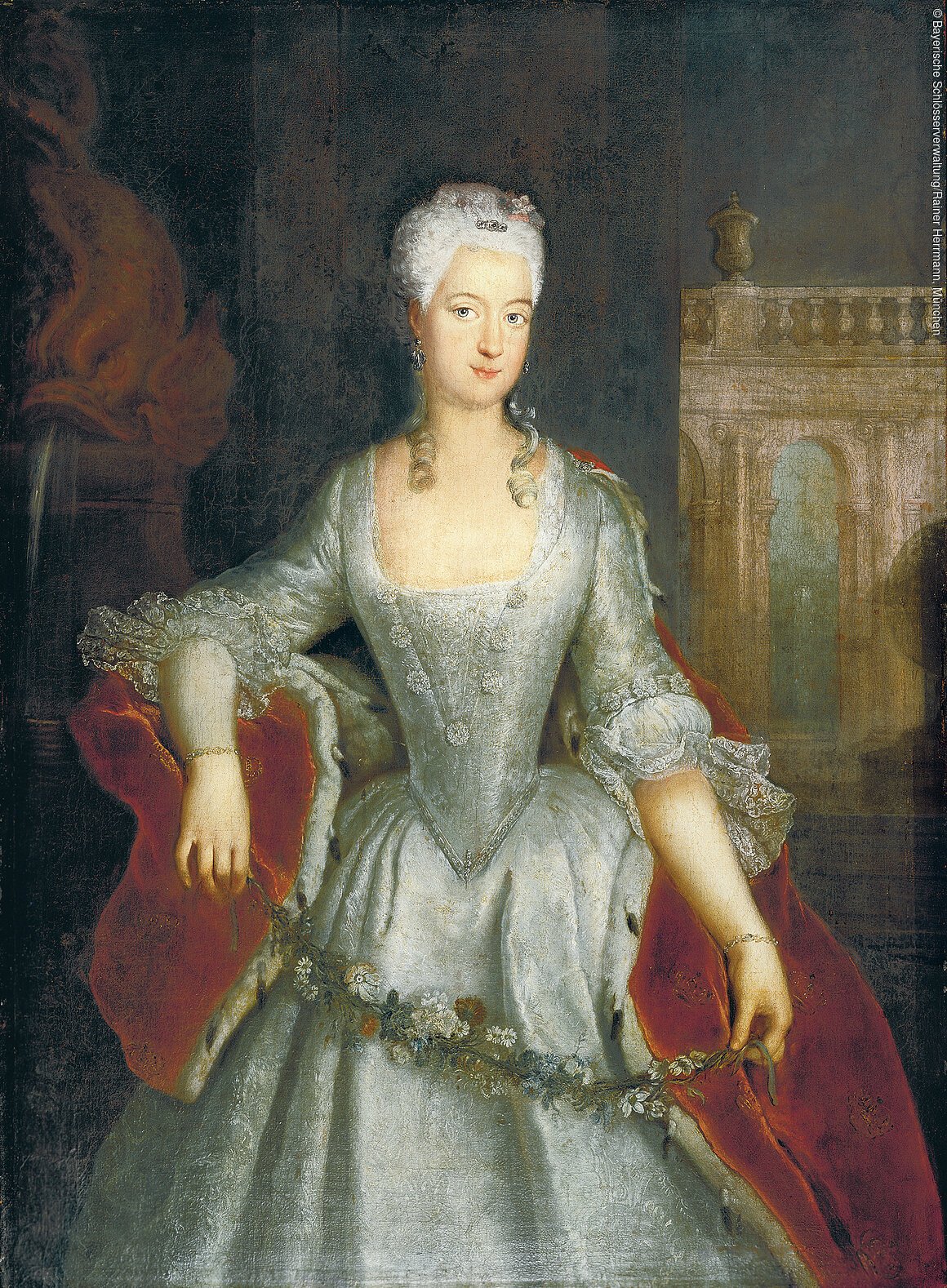 Porträtgemälde, Markgräfin Wilhelmine von Brandenburg-Bayreuth, Werkstatt des Antoine Pesne, um 1734, Inv. BayNS.G0028. Bayreuth, Neues Schloss, R.1