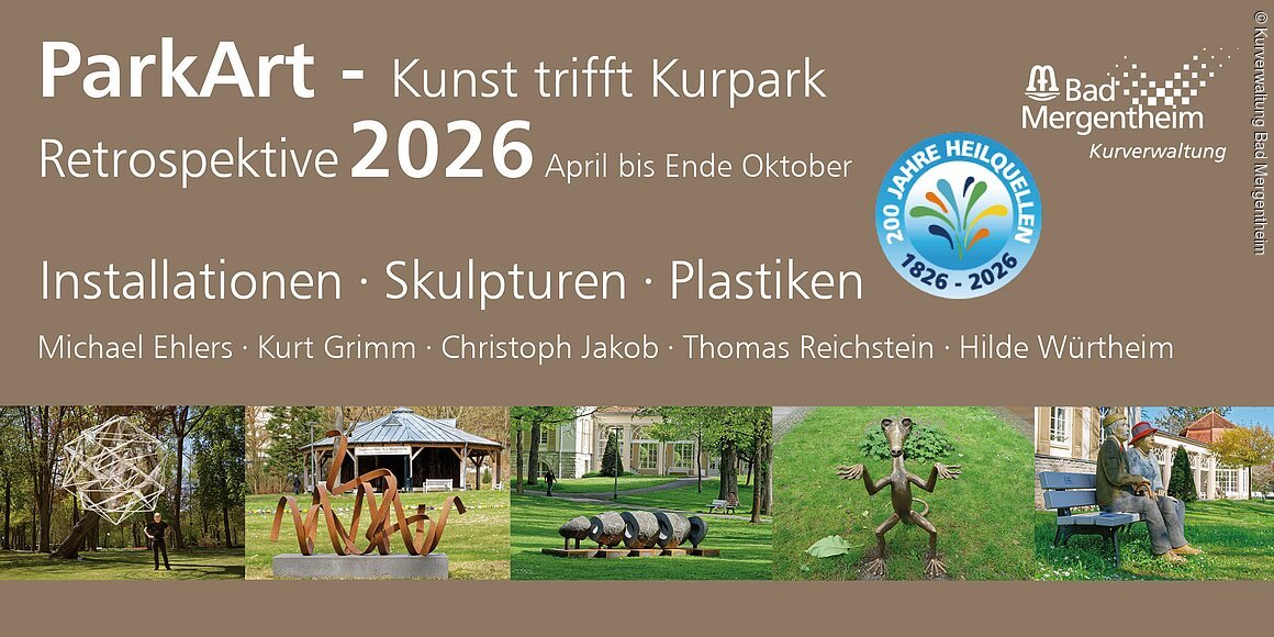 Banner mit Text zu ParkArt 2026 in Bad Mergentheim und fünf Fotos von Skulpturen im Kurpark.