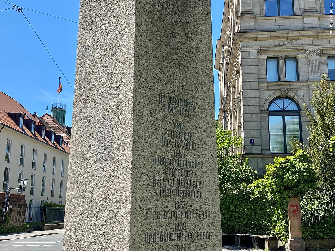Inschrift auf einer steinernen Säule vor Gebäuden bei klarem Himmel, Text teilweise lesbar.